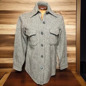 VINTAGE 70s Wool Dagger Collar Button Up Size S Mens Grey Outdoor Retro Mod